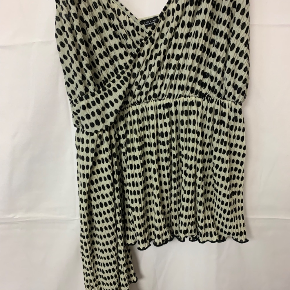 ZARA blouse SZ S beige & black dots asymmetrical hem unique bohemian polka dot - Picture 3 of 11